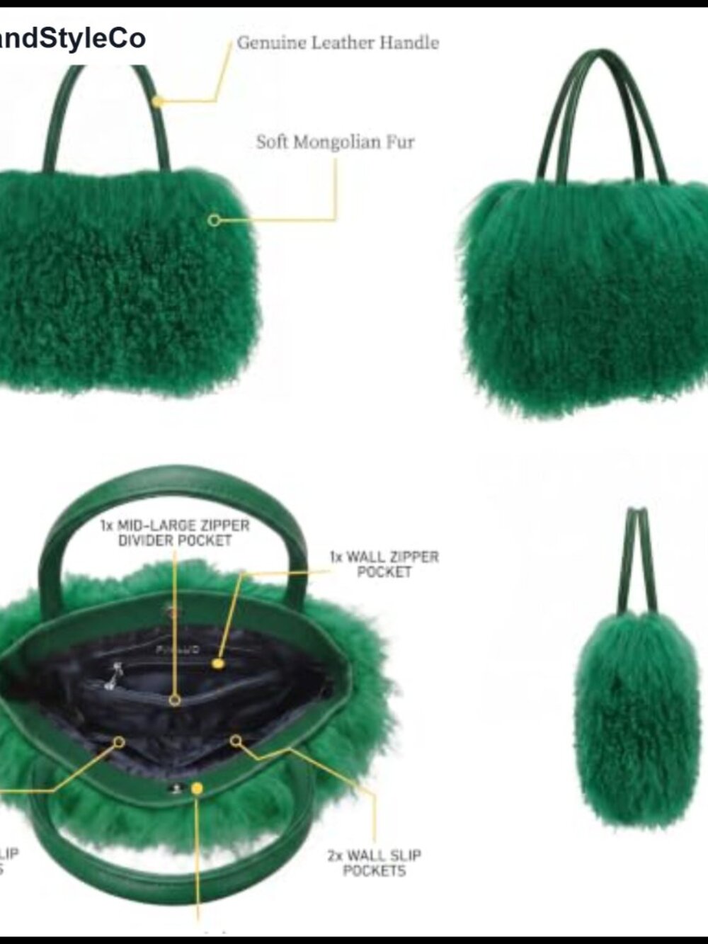 Real Mongolian Lamb Fur Hobo Bag Genuine Leather Handles Button Close - Picture 3 of 6